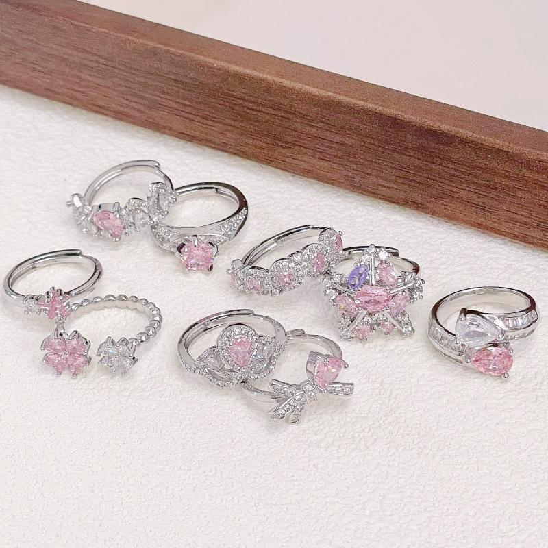 Rosa Zirkon Serie Süßer Super Flash Fee Gas Voll Diamant Öffnungsring Nische Design Schleife Mode Zeigefingerring