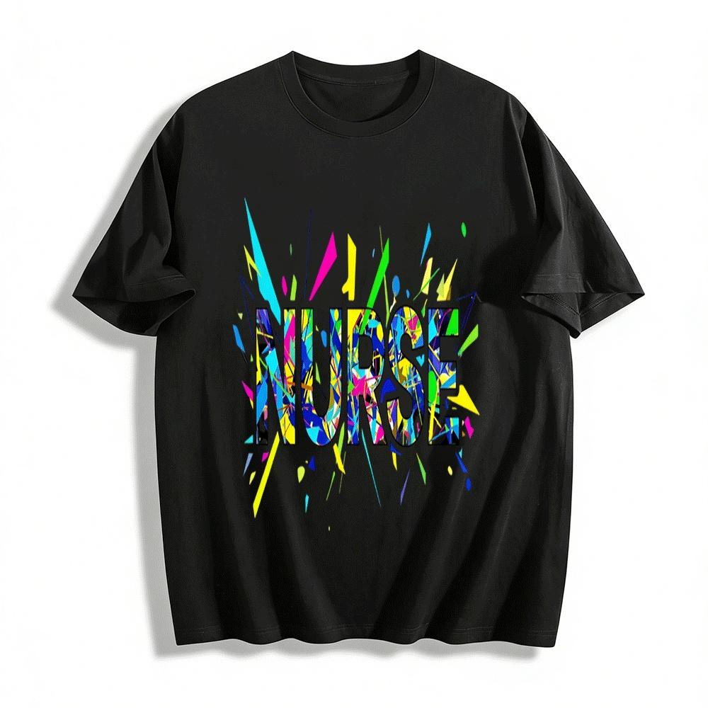Trendy Color Block NURSE Themed Graphic Casual Short Sleeve Tee Pure cotton T-shirt XXS