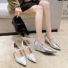 Spring New Retro Silver Wedge Heel Pointed Mary Jane Shoes Versatile Model Light Mouth One Word Buckle Belt High Heel Single Shoes Women