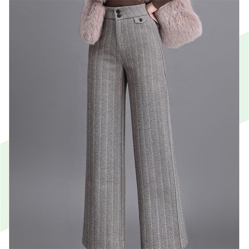 Autumn Winter Korean stytle Thickened WarmWool Wide Leg Pants Womens Fashion Striped High Waist Loose Straight Casual Trousers