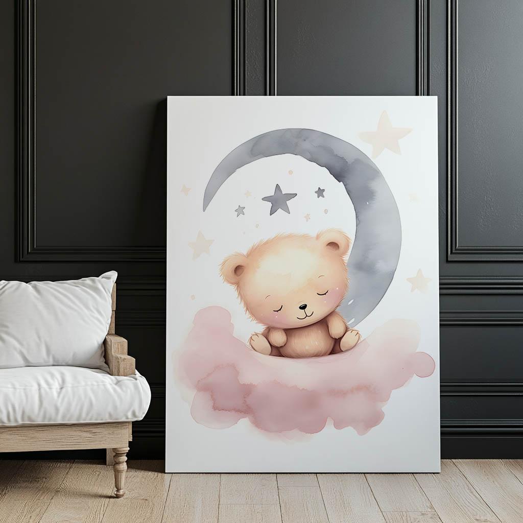 Śpiący Miś Na Różowej Chmurce Śpiący Miś Na Różowej Chmurce, 50X70 Cm, Rama Drewniana Ciemny Brąz, Papier Matowy 230 Gsm