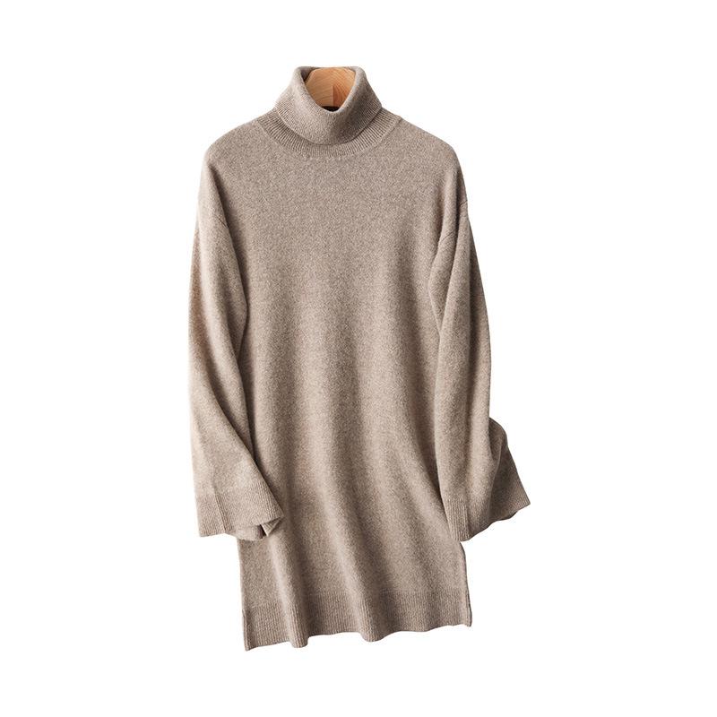 Women's 100% Pure Wool High Neck Dress - Loose, Bell Sleeves, Long Sweater Skirt for Autumn and Winter