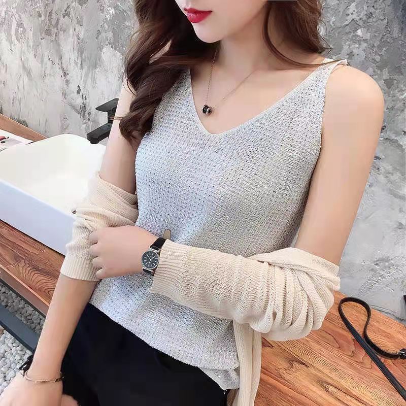 Summer Women's Ice Silk Diamond Camisole Loose Sleeveless V-neck Bottoming Shirt Tank Crop Tops