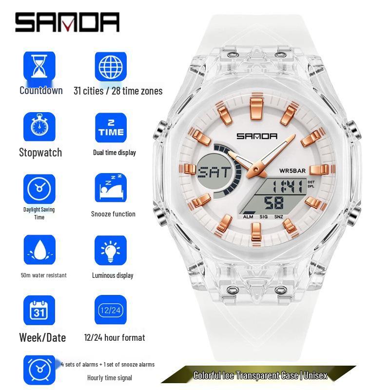 Sanda Multifunctional Transparent Sports Watch for Men, Women, and Students with Daylight Saving Time Feature