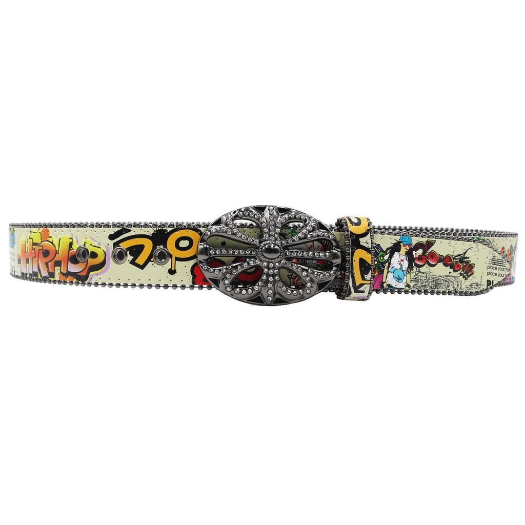 Croatian Rhinestone Graffiti Leather Y2K Belt: Versatile European & American Style