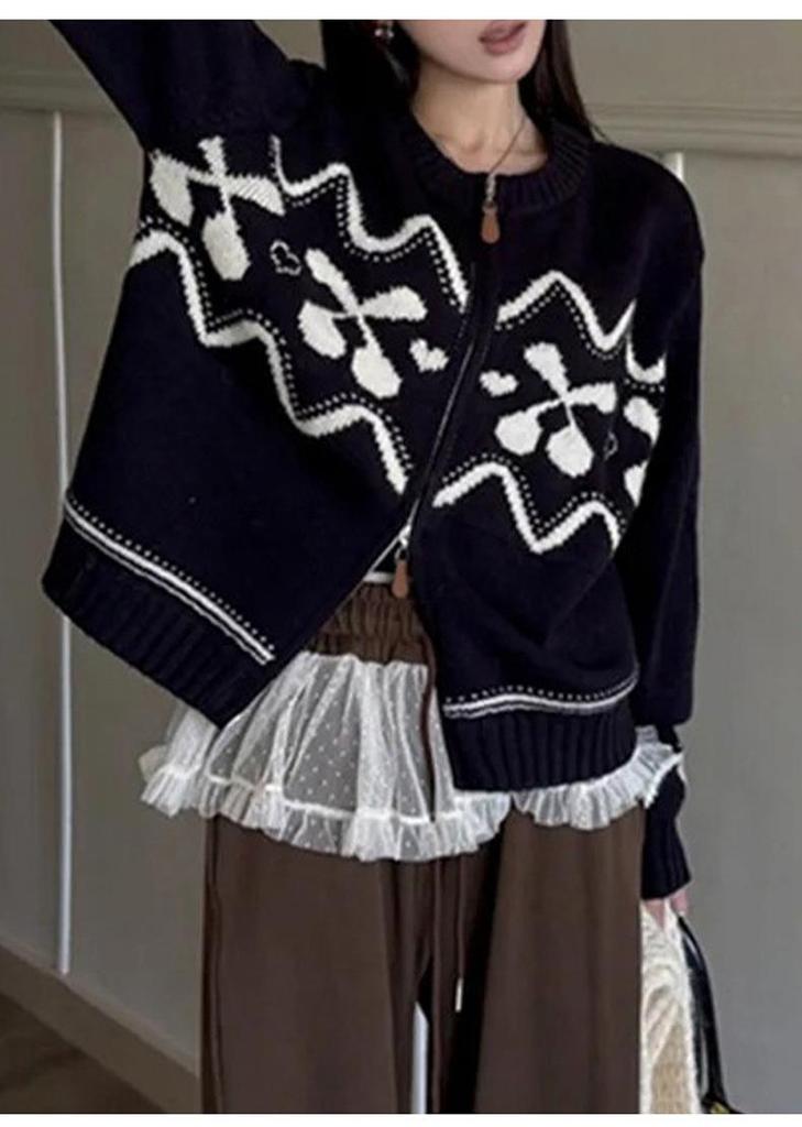 Women's Fair Isle Cashmere Jacquard Cardigan – Autumn/Winter, Thick, Round Neck, Zipper Wool Coat