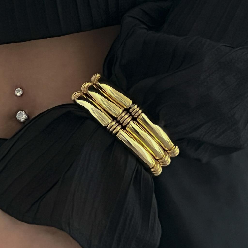 Fashion Light Luxury Style Beaded Bamboo Bracelet Set, Design Sense Metal Smooth Pipe Elbow Bracelet