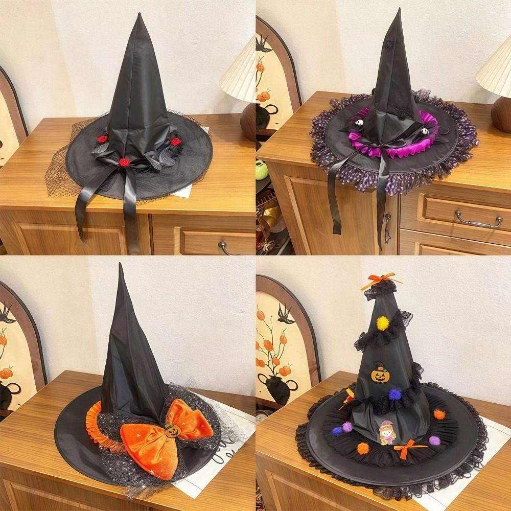 New Lightweight Halloween Witch Hat Lace Edge Cosplay Wizard Cap Breathable Dark Style Top Hat Party Holiday Decorations