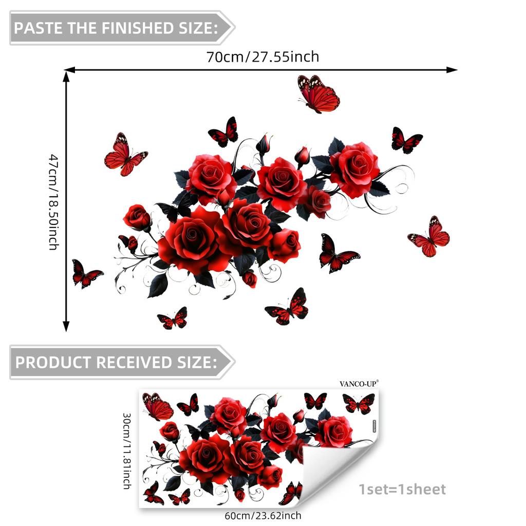 Valentine's Day Floral Wall Stickers, Rose Butterfly Decor, Living Room Bedroom Kids Room Holiday Background Wall Art