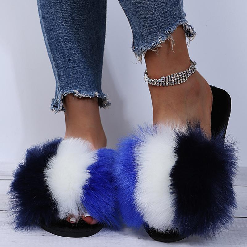 Fashion Fashion Mix Color Fluffy Fur Slippers for Women Winter Warm Cozy Indoor House Shoes Woman Open Toe Non Slip Plush Floor Slippers