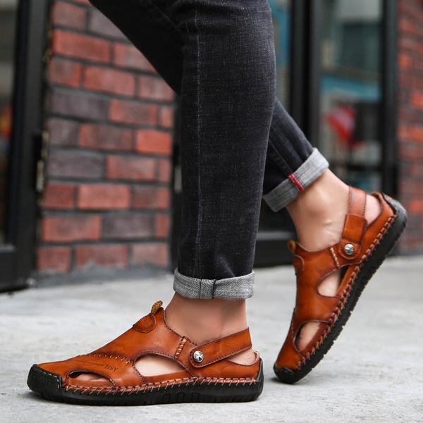 Herrenmode Freizeitschuhe Echtes Leder Sandalen Outdoor Wanderschuhe Strandsandalen Watschuhe Übergröße
