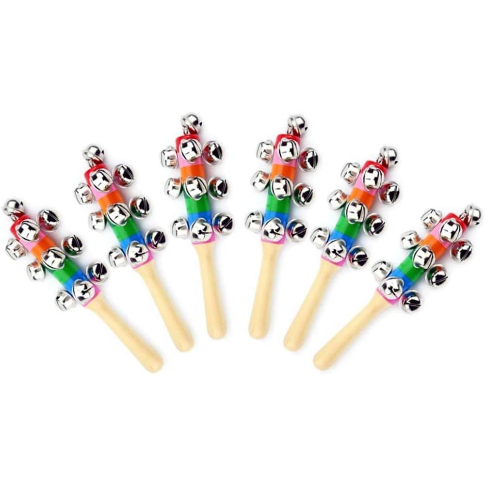 6pcs Wooden Jingle Hand Bells Rainbow Handle Wooden Bells Jingle Stick Shaker Rattle Musical Toys 6pcs
