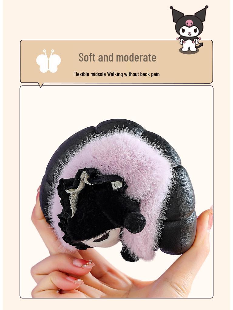 Sanrio Winter Furry Cotton Slippers for Girls – Warm Indoor Cartoon Shoes with Thick Soles, available in Parent-Child Sizes.
