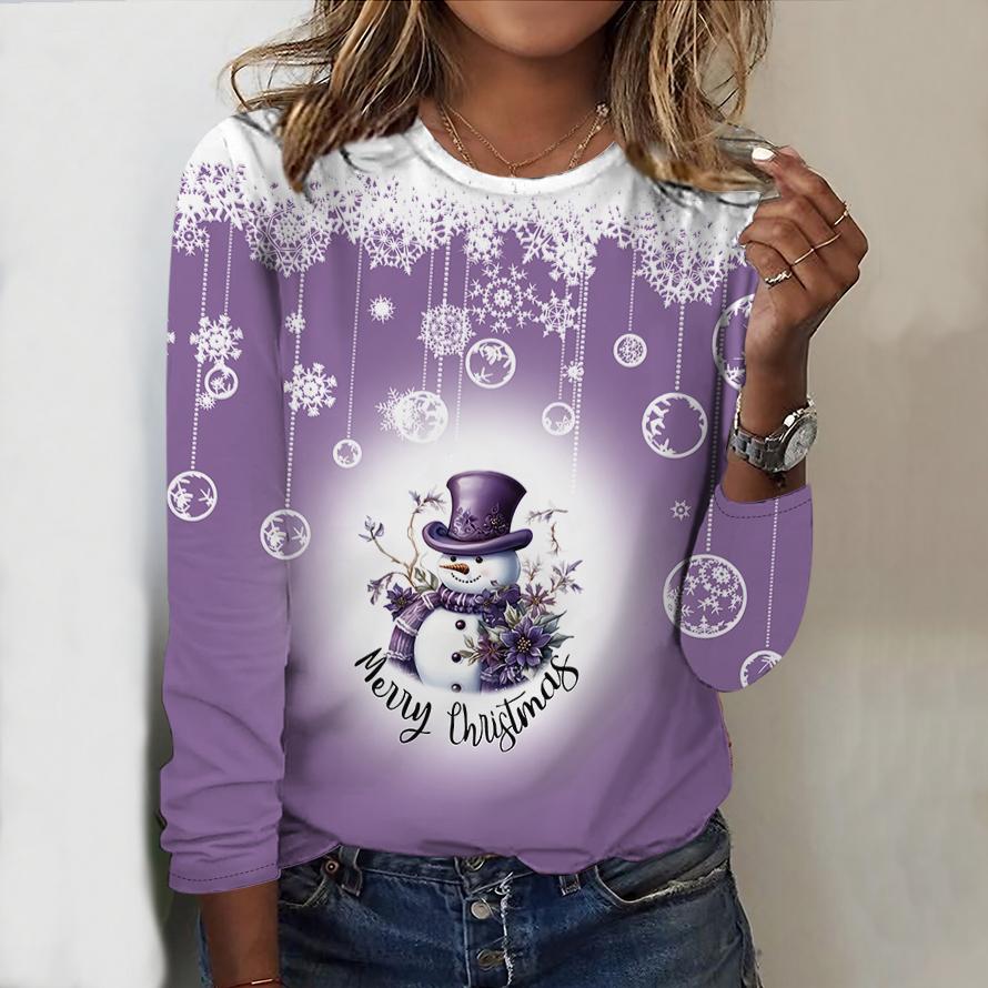 

Женский новый повседневный топ с круглым вырезом и длинным рукавом на осень-зиму 2025 года с 3D-рождественским узором. Идеальный подарок на Хэллоуин и Рождество. M фиолетовый