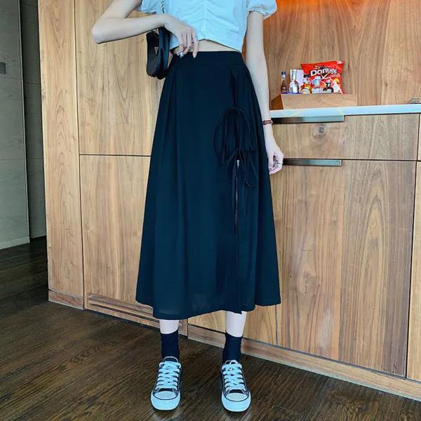 WTEMPO Black Elastic High Waist Loose Solid Color Casual Long Pleated Skirts WomenFour Seasons A-line Lacing-up Side Split Skirts