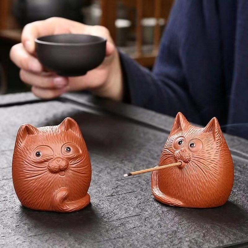 Cats Shape Zisha Clay Figurine Incenses Stick Holder for Animal Lover Handmade Pottery Animal Statue Ornament Decors