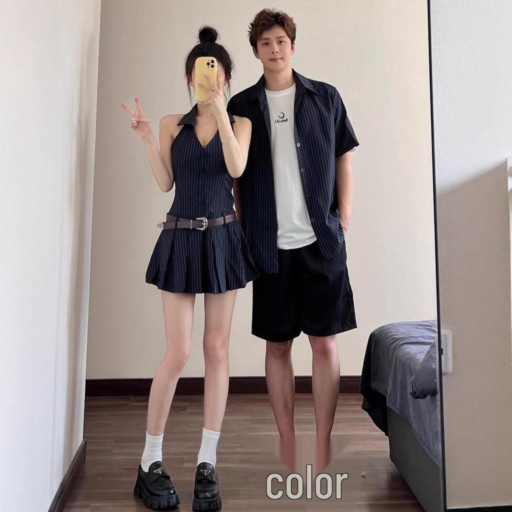 Französisches Design Sommer Partner-Outfits: Damenkleid & Herren Kurzarmhemd im koreanischen Stil