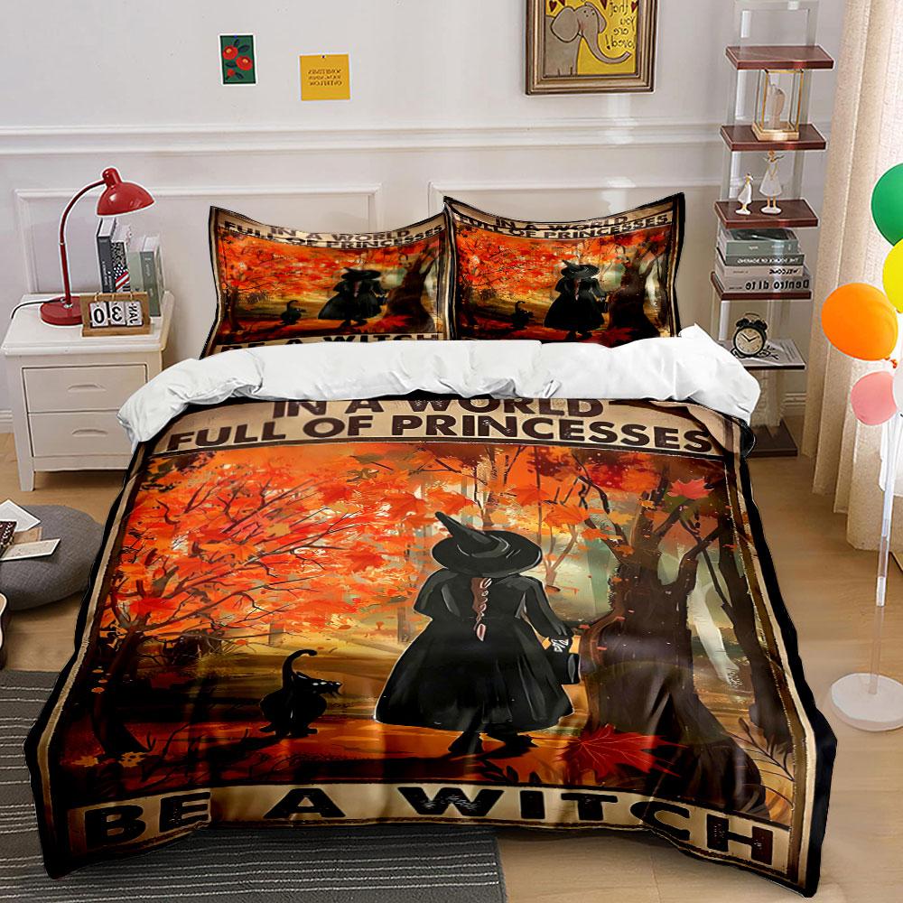 Witch, cat, autumn trees. Bedding sets Duvet cover sets Duvet covers Pillowcases(1 * Duvet Cover 2 * Pillowcases without duvet insert)