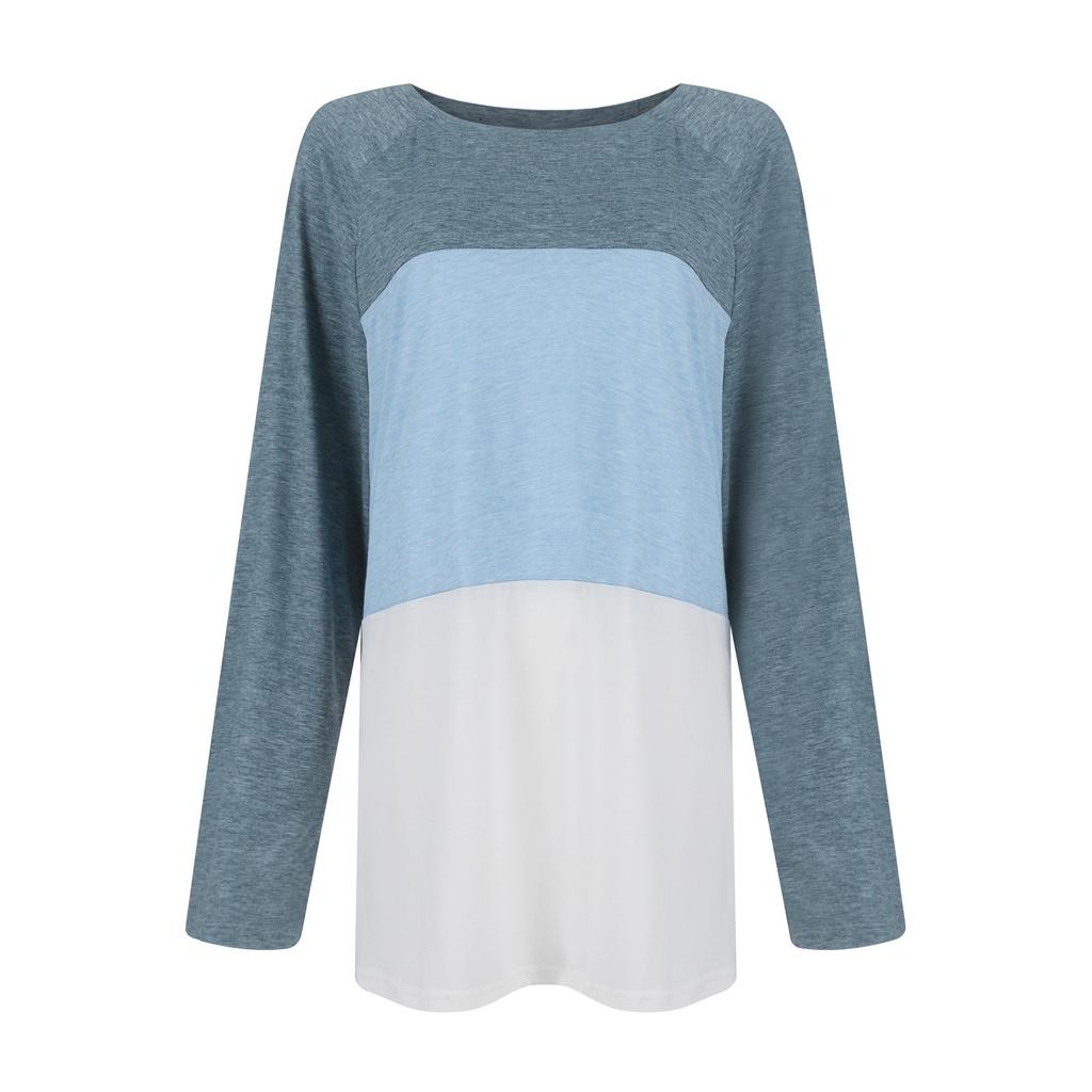Women's Fashion Round Neck Splicing Casual Loose Long Sleeve T-Shirt Top