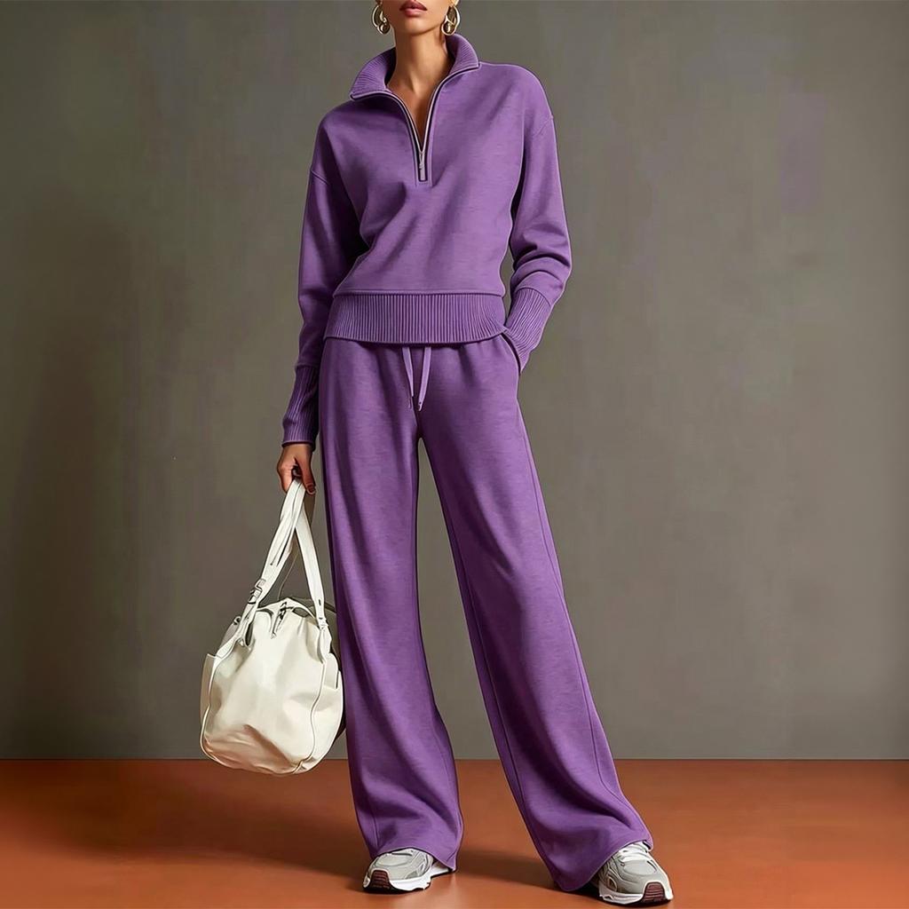 Conjunto de Dos Piezas de Punto para Mujer Suéter con Media Cremallera Manga Larga Cuello Plegable Pantalones de Pierna Ancha Conjunto para Estar en Casa