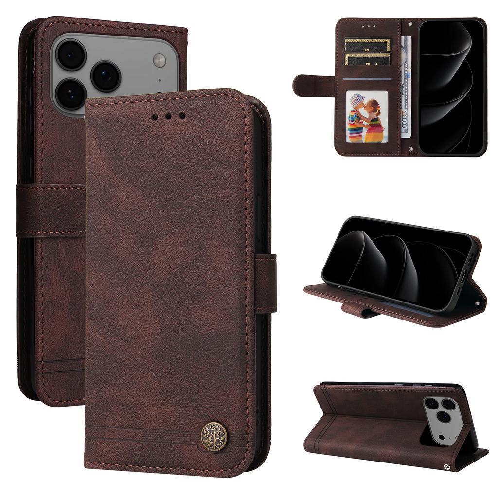 For iPhone 17 Pro Max Leather Wallet Cases Skin Touch Phone Cover Stand with Strap