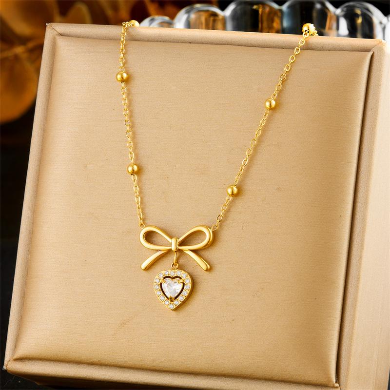 Gold Beaded Chain Necklace with Bow Heart Zircon Pendant, Dainty Choker for Women Jewelry Gift
