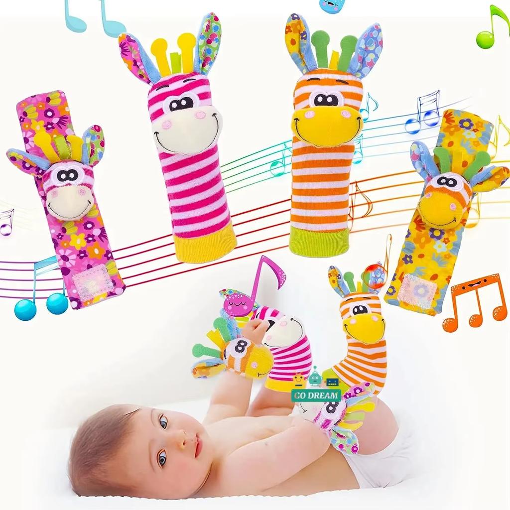 Baby Rattles Socks Toys 0 12 Months Newborn Infant Cartoon Plush Socks Wrist Strap Foot Finder and Wrist Rattles Toys for Babies