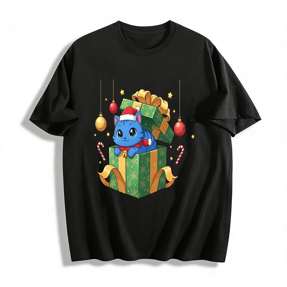 Рождественская Лимитированная Синяя Кошка В Подарочной Коробке Принт Топ Праздничный Повседневный Унисекс Футболка Хлопковая Футболка XXS