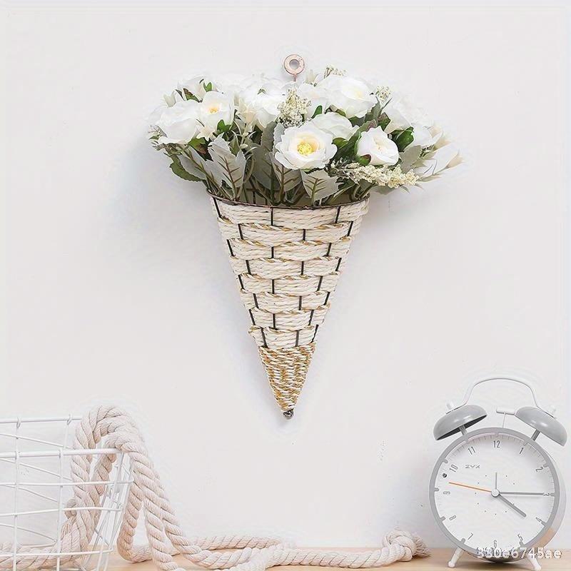 Wall Mounted Iron Rattan Flower Vase, Flower Basket For Indoor Decoration, Environmentally Friendly, Durable, Beautiful And Practical