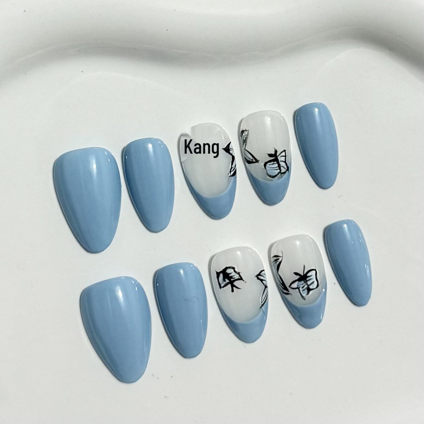 Hand-Painted Almond-Shaped French Butterfly Press-On Nails Large [with toolkit]
