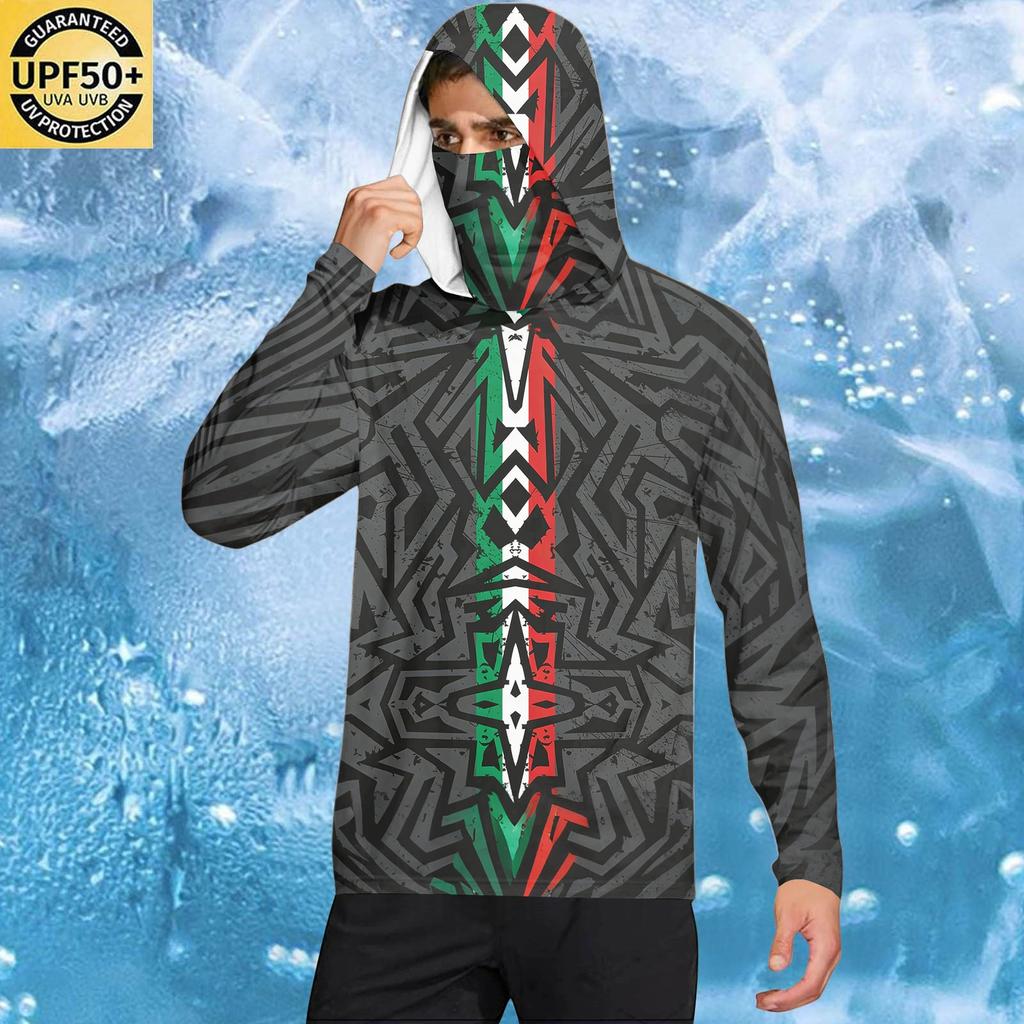 Men's Casual Geometric Print Hooded Long Sleeve Sun Protection Shirt Lightweight Breathable Fabric for Outdoor Activities