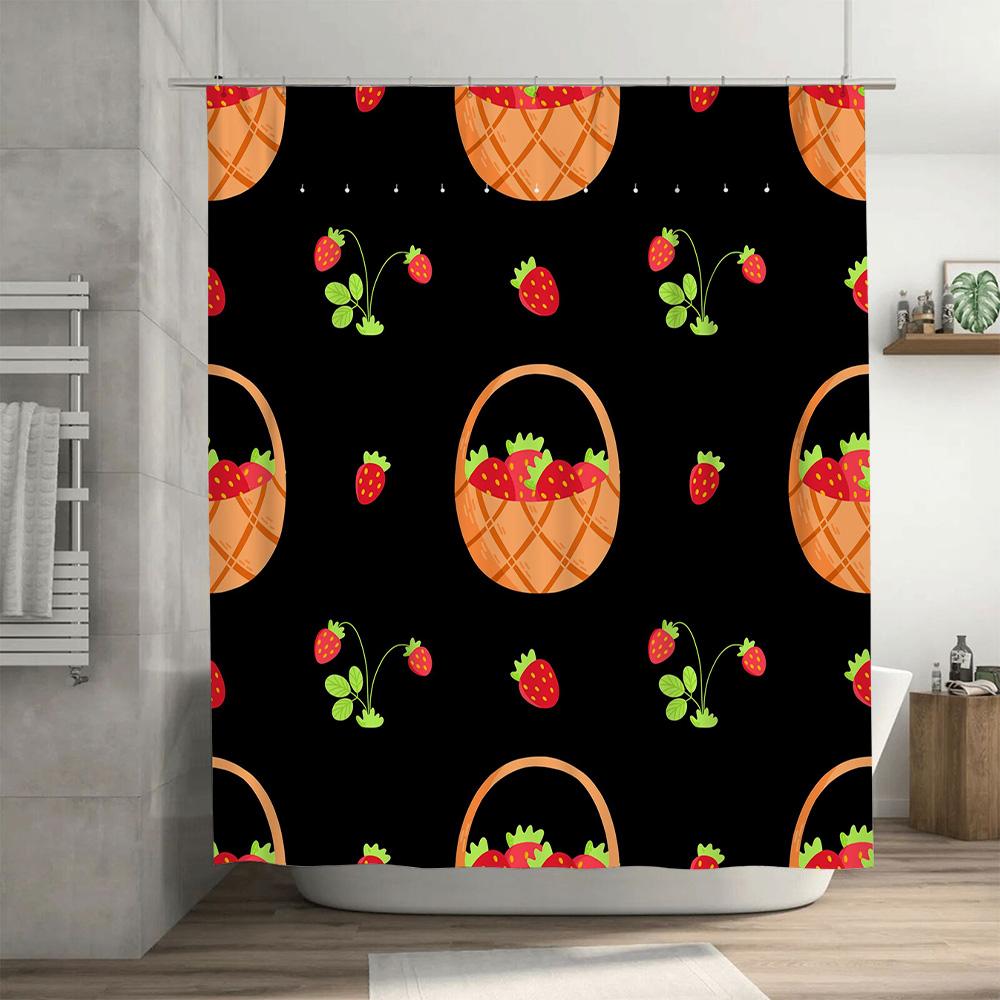 Bright Strawberry Basket Shower Curtain Modern Bathroom Decor with Black Background, Orange Stripes Green Leaves Pattern for Bat