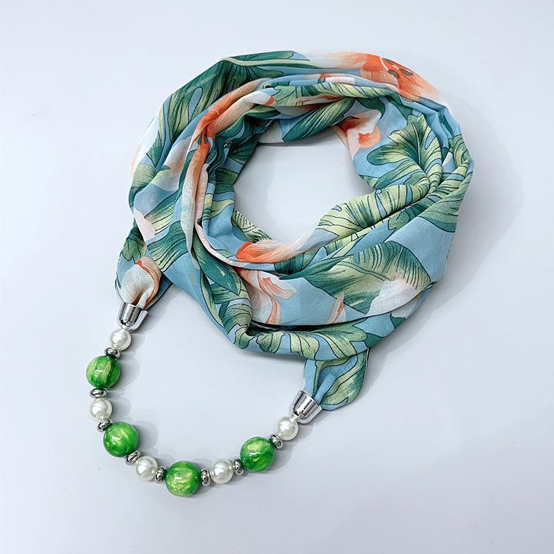 Chic Printed Scarf Necklace with Pearl and Bead Accents – Lightweight Chiffon Infinity Scarf for Women, Fashion Statement Accessory