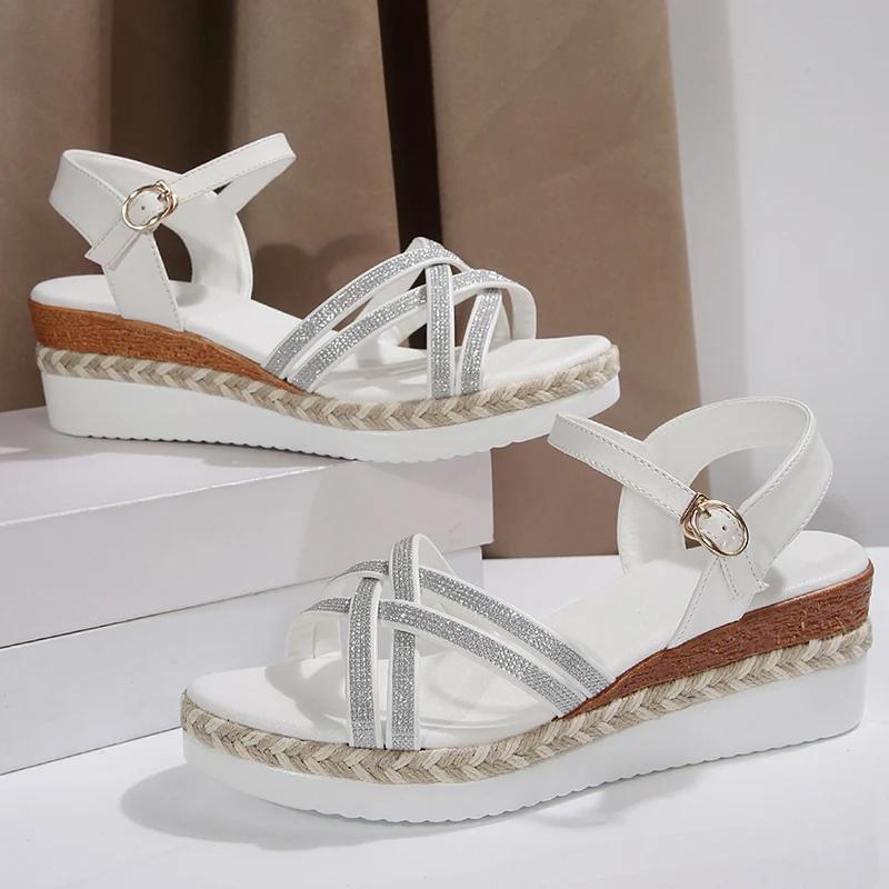 Fashion Fashion Crystal Wedge Heeled Sandals Women Summer Cross Straps White Sandles Woman Ankle Buckle Gladiator Sandalias Plus Size 43