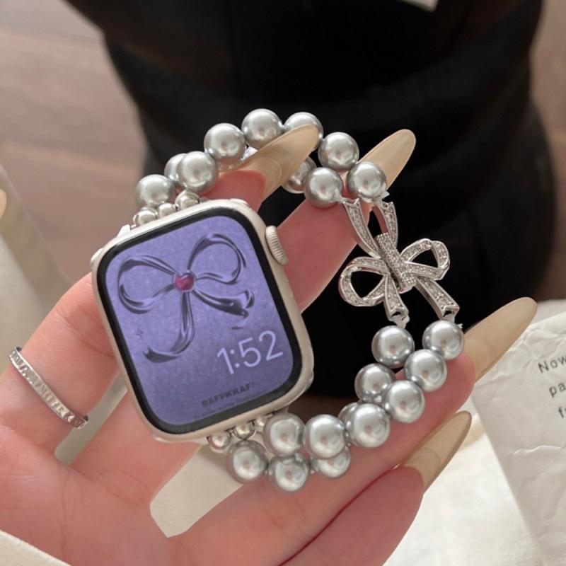 Compatible Bowknot Pearl Elastic Beaded Strap for Apple Watch 10/9/8/7/SE