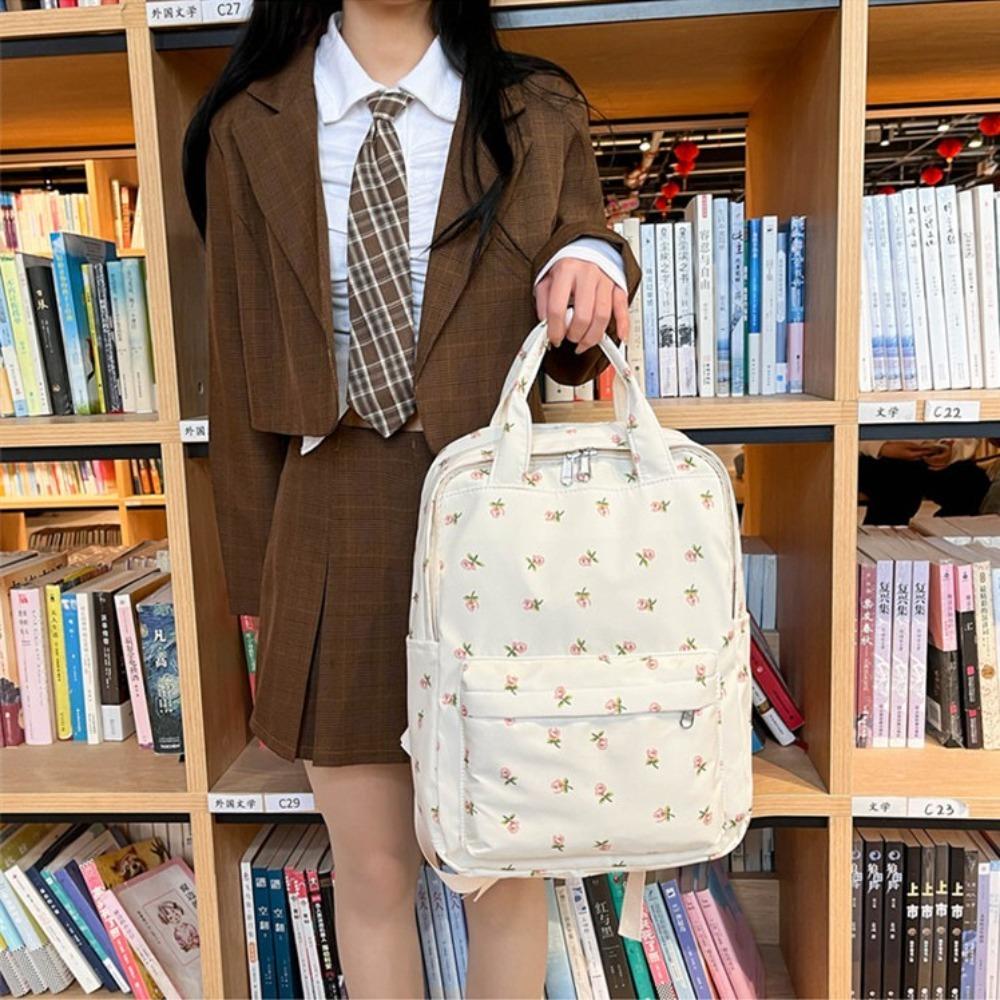 Fashion Large Capacity Women's Backpack Flower Print with Handle Student Backpack Nylon Japanese Style School Bag Students