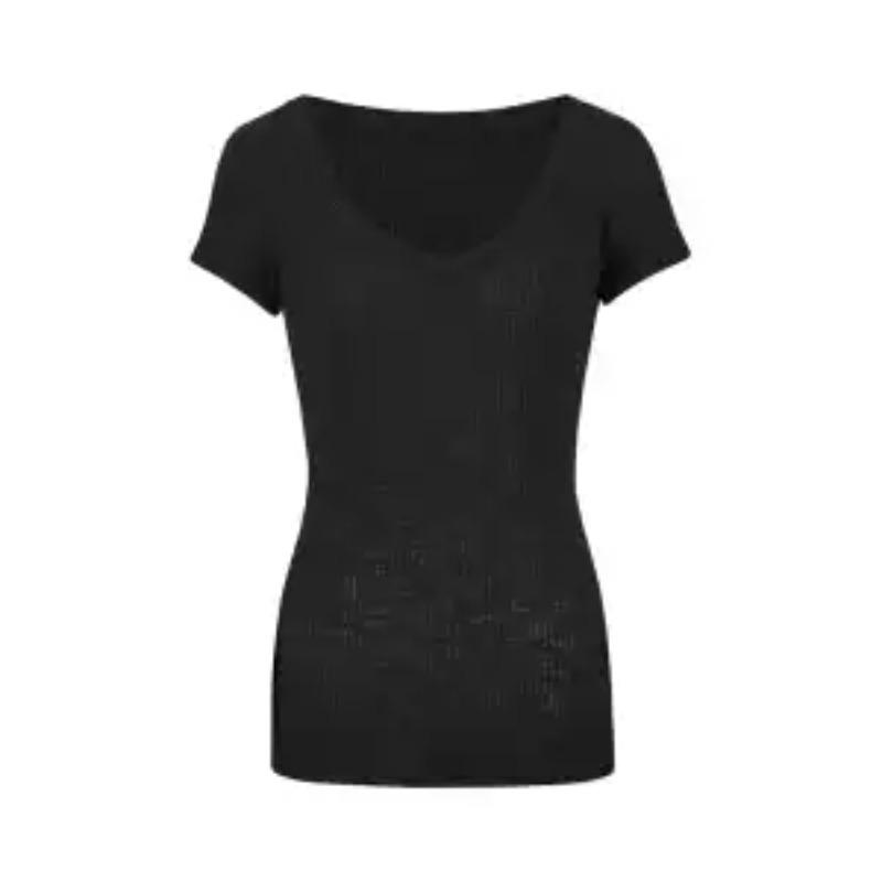Women Summer Grey Ribbed V Neck Short Sleeve Slim Fit Casual T Shirt
