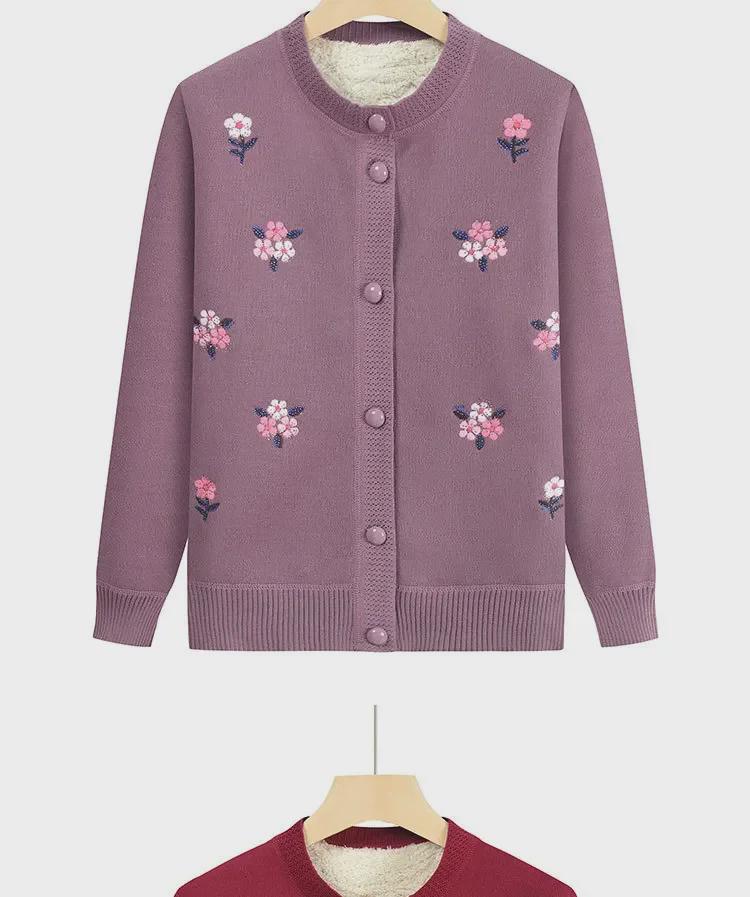 Middelaldrende og eldre kvinners strikkede cardigan med plussfløyel - Høst/vinter genser med rund hals