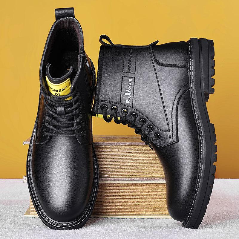 

Winter new fashionable versatile thick-soled Martin boots men s British breathable non-slip leather black high-top boots 44