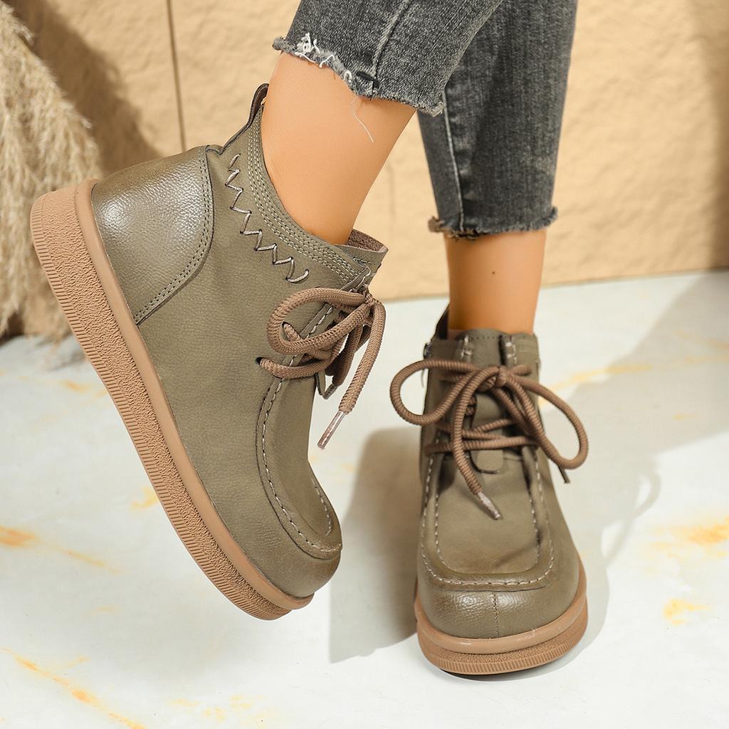 2025 New British-style lace-up ankle boots for women, round-toed flat, large-sized, anti-slip and comfortable ankle boots