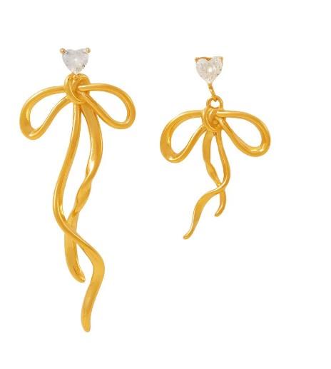 Zircon Ribbon Bow Tassel Earrings Niche Sweet Design Asymmetric Stainless Steel Earrings for Women Trendy золотой