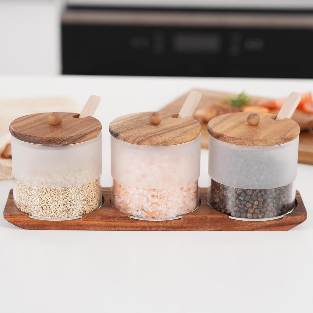 KKC Glass Condiment Storage Container with Wooden Stand and Storage Airtight Spice Storage Spoon, Container, Container, Sugar, Salt,