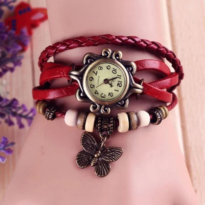 Retro Leather Hand Woven Lady Watch Antique Copper Thin Strap Bracelet Pendant Exquisite Trendy Quartz Watch Hand Decor Supplies красный