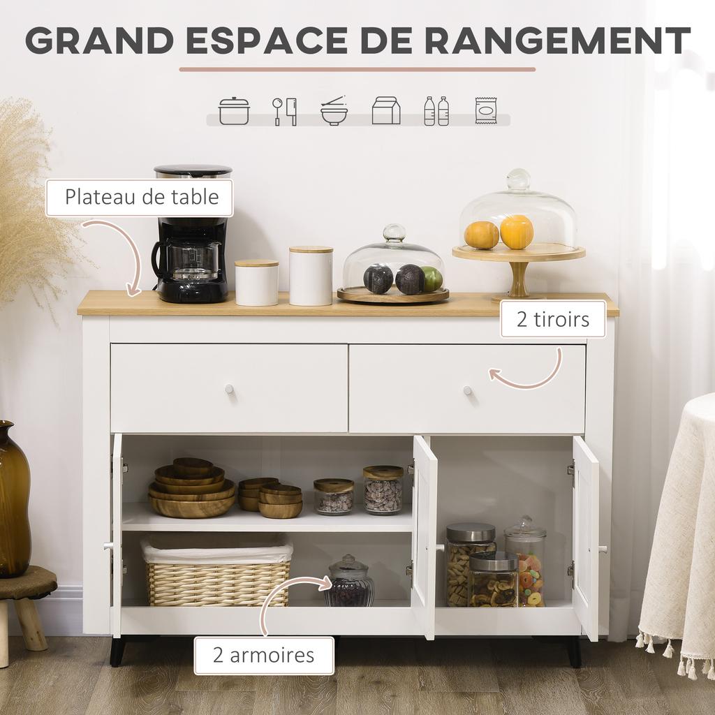 Credenza da cucina con 2 cassetti, 3 ante e ripiano regolabile, per cucina, sala da pranzo, soggiorno, 117 x 35 x 80 cm, bianco