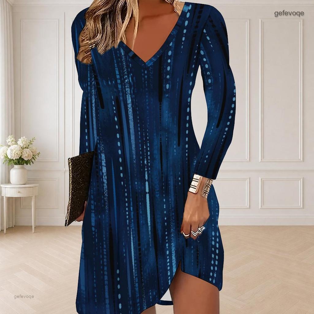 Women Plus Size V Neck Long Sleeve Blue Printed Curved Hem Dress