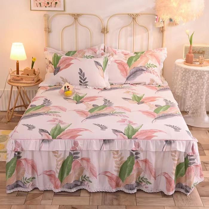 3pcs Sheet Set High Grade 100% Cotton Printed Bedspread King Queen Size Cute Pure Cotton Thick Bed Skirt with 2pcs Pillowcase