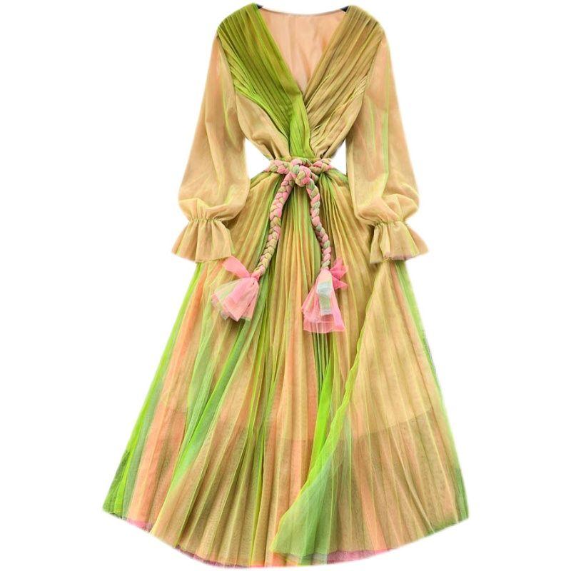 Vacation Style Summer Mesh Pleated Long Sleeves Dress