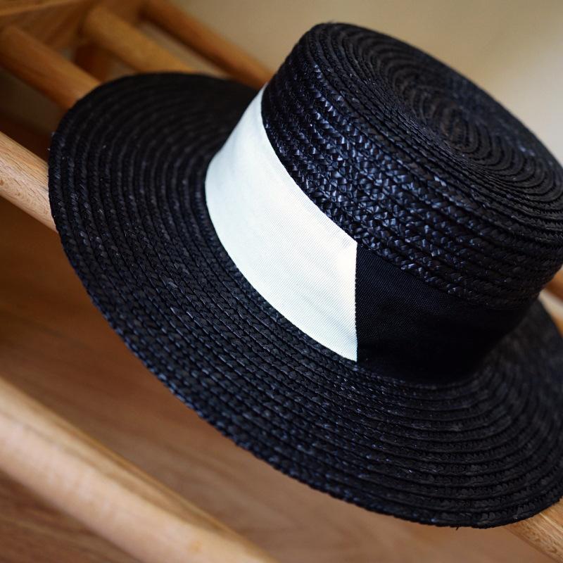 European And American Retro Black Straw Woven Flat Top Top Top Hat Women'S Summer Sunshade Sun Protection Beach Vacation Straw Hat Sun Hat