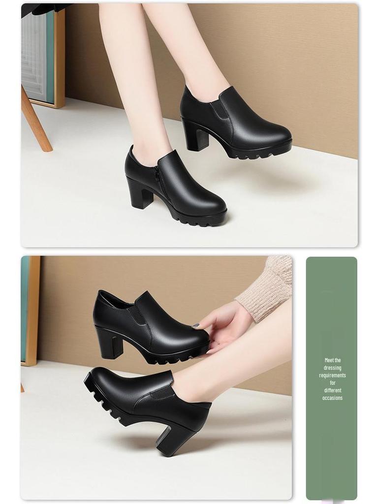 Women's Chunky Heel Platform Loafers - 2024 Spring/Autumn, Round Toe, Leather, Slip-On, Waterproof.