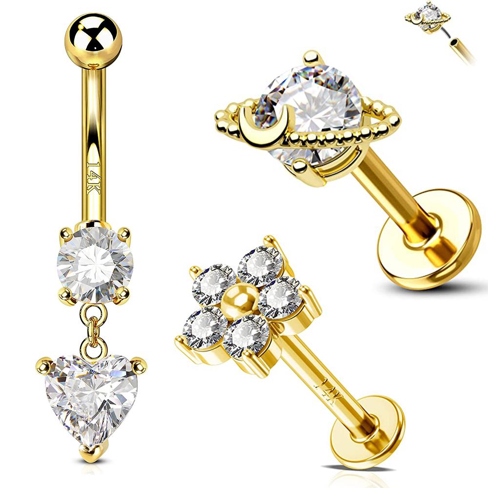 Fashion Jewelry 14K Gold Piercings Labret Big Hoop Nose Stud Rings CZ Cubic Zircon Navel Belly Ring Earing Diamond Ear Stud